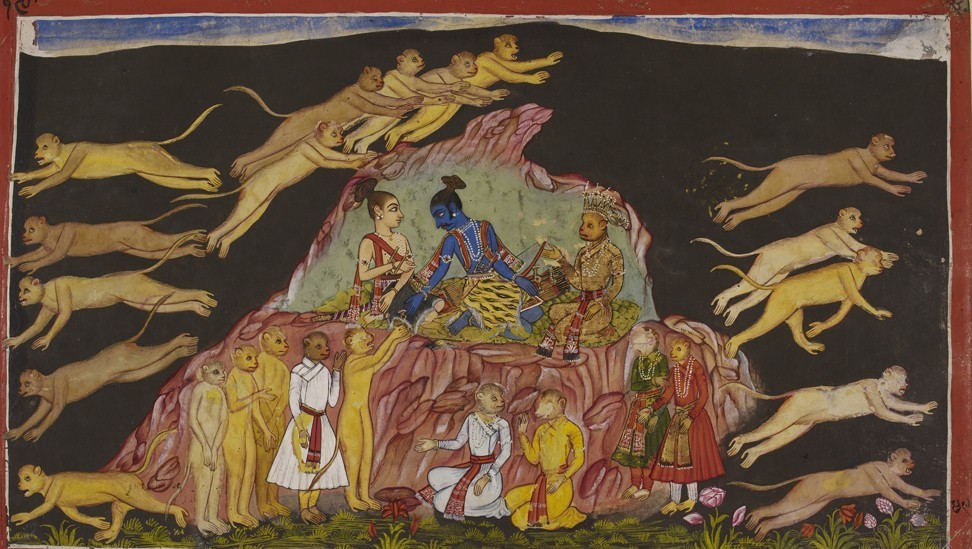 На этой гравюре царь обезьян Сугрив посылает своих подданных на поиски похищенной Ситы. Рама вручает кольцо командиру отряда обезьян Хануману, который поведет отряд на юг.