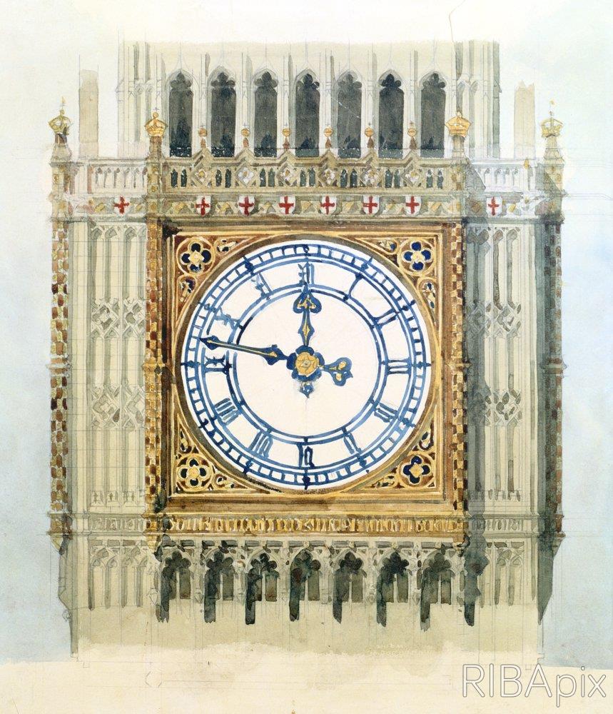 Оригинальный дизайн экстерьера часов Вестминстерского дворца, где проходят заседания Британского парламента. Автор: сэр Чарльз Бэрри (Charles Barry) — английский архитектор эпохи викторианской эклектики. Датировка изображения: 1838