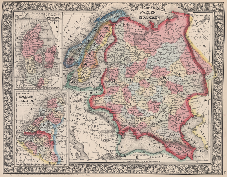 Европейская Россия, Швеция, Норвегия, Дания, Голландия и Бельгия. Из New general atlas (1860)