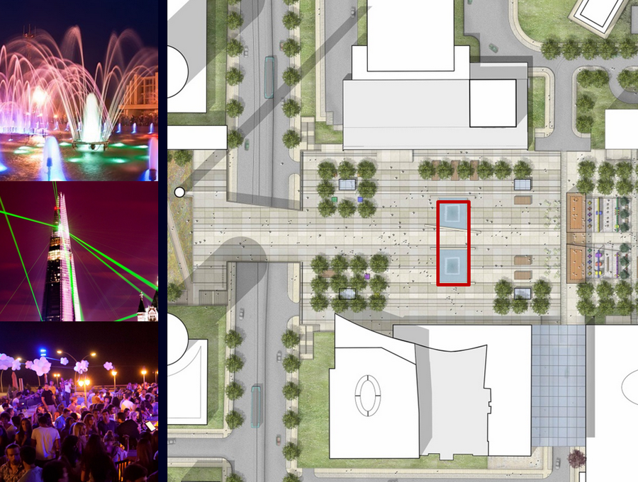 В самом центре Фестивальной площади находится фонтан с ночной подсветкой. Летом здесь можно будет устраивать «действительно большие представления и вечеринки».