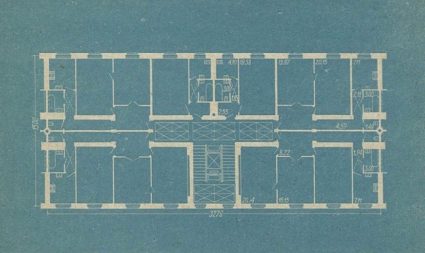 Шестиквартирная жилая секция. Авторы арх. 3. М. Розенфельд и инж. А. И. Гохбаум (Мастерсхая Управления жилищного строительства).