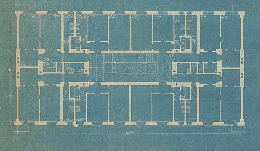 Восьмиквартирная жилая секция. Автор проф. Д. Ф. Фридман (5-я мастерская Управления проектирования).