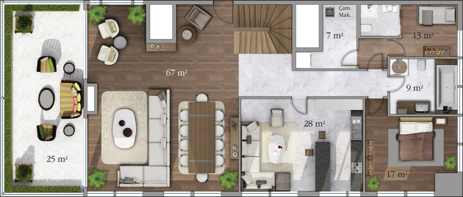 Пример планировки и интерьера двухэтажной квартиры площадью 482 м² в комплексе Onalti Dokuz
