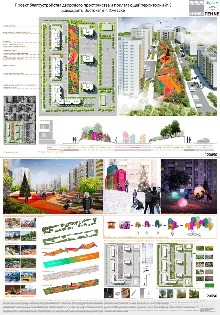 Конкурс проектов благоустройства дворового пространства и прилегающей территории ЖК «Самоцветы Востока» в Ижевске. Девиз 120690. Авторский коллектив: Н. В. Тимонин, Ю. С. Фомина (С.-Петербург)