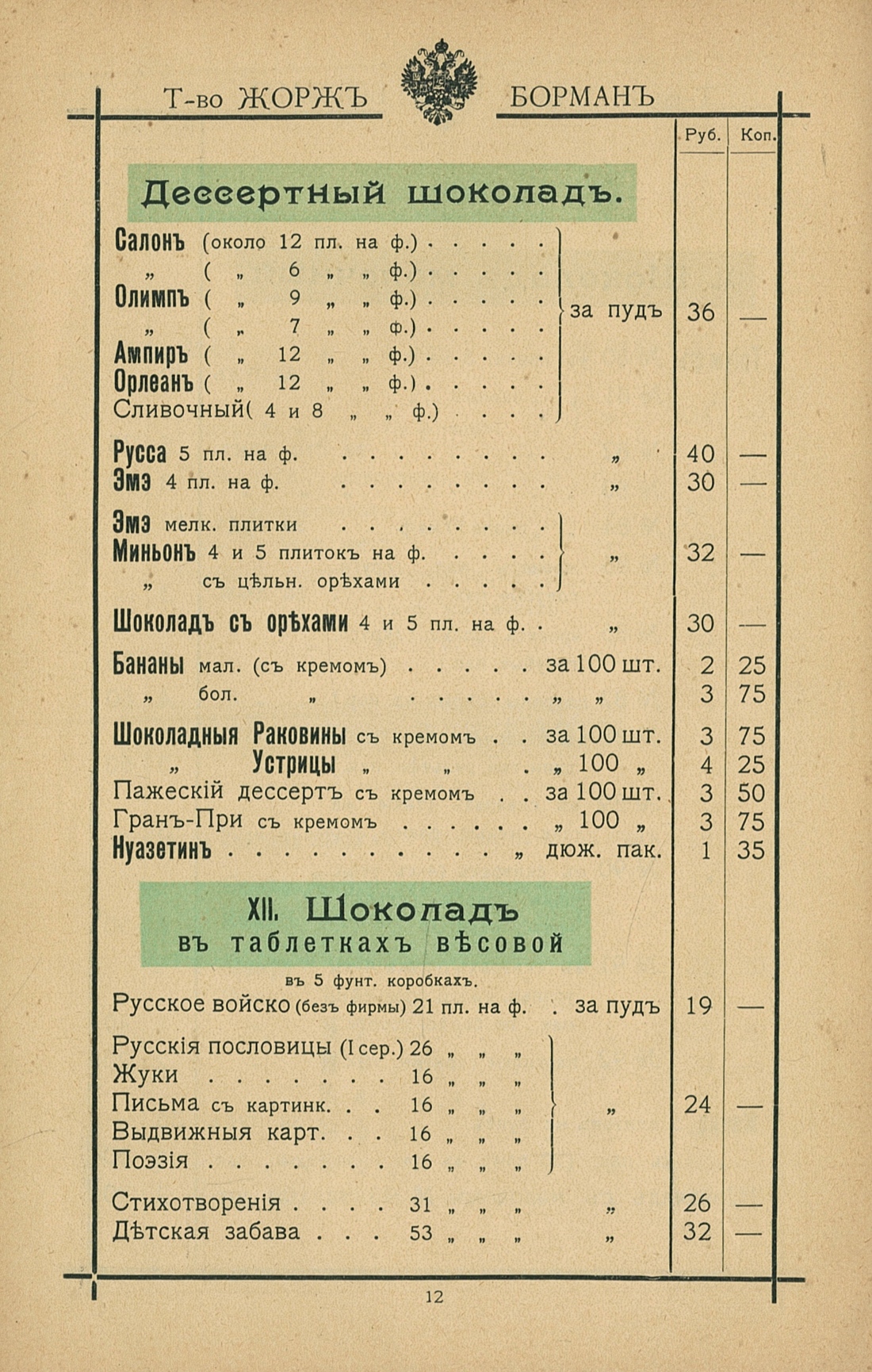 Страницы из Оптового прейскуранта торговой марки «Жорж Борман» (январь 1913 г.)