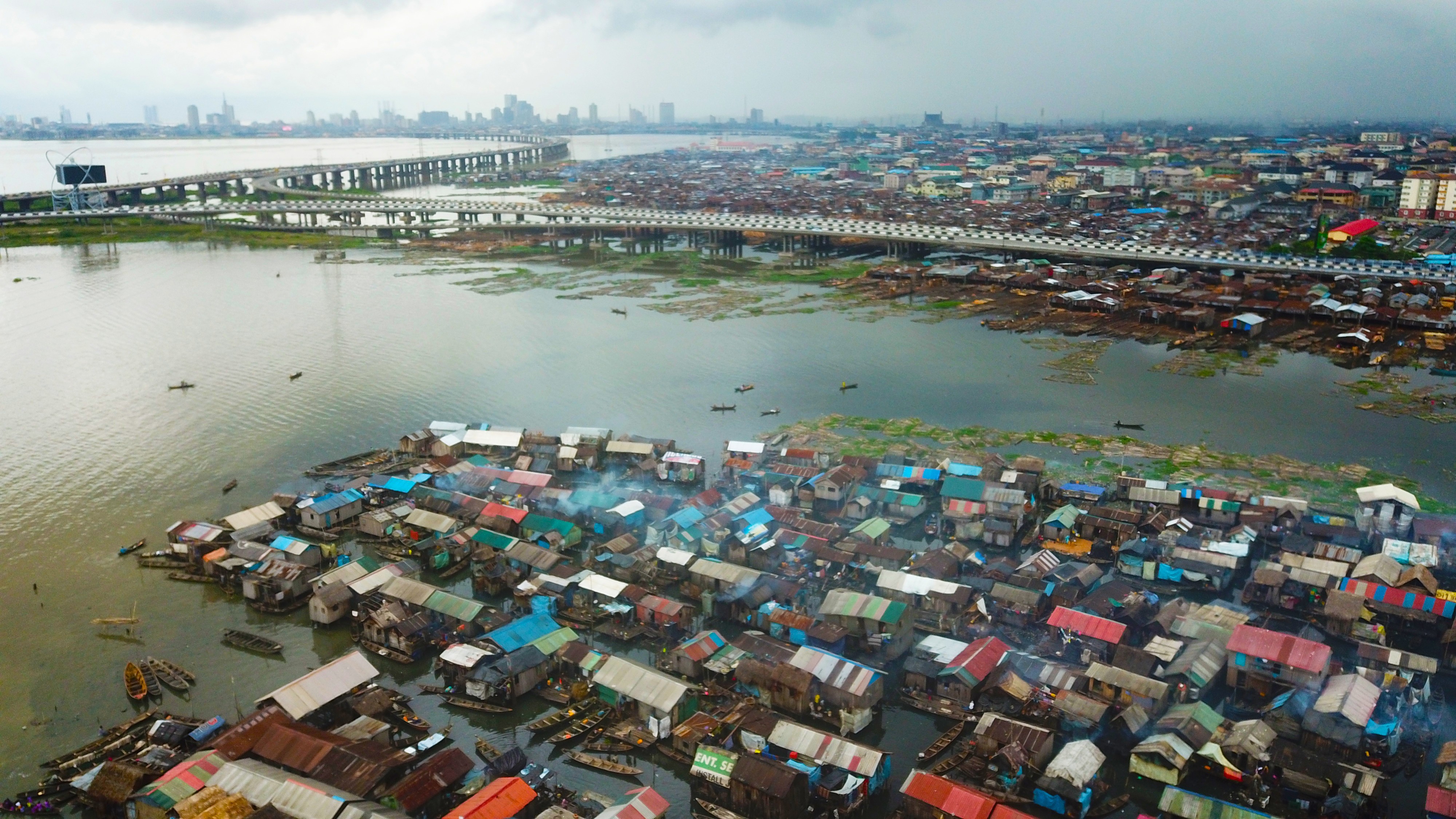 View of 3rd Mainland Bridge and Makoko in Mainland Lagos, Nigeria