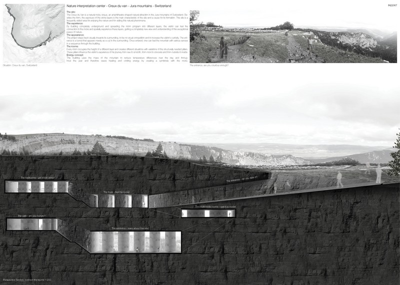 Проект, получивший второй приз на конкурсе INNATUR 2. Центр интерпретации природы Creux du van — Jura mountains (Швейцария). Архитектор: Gabriel Wulf.