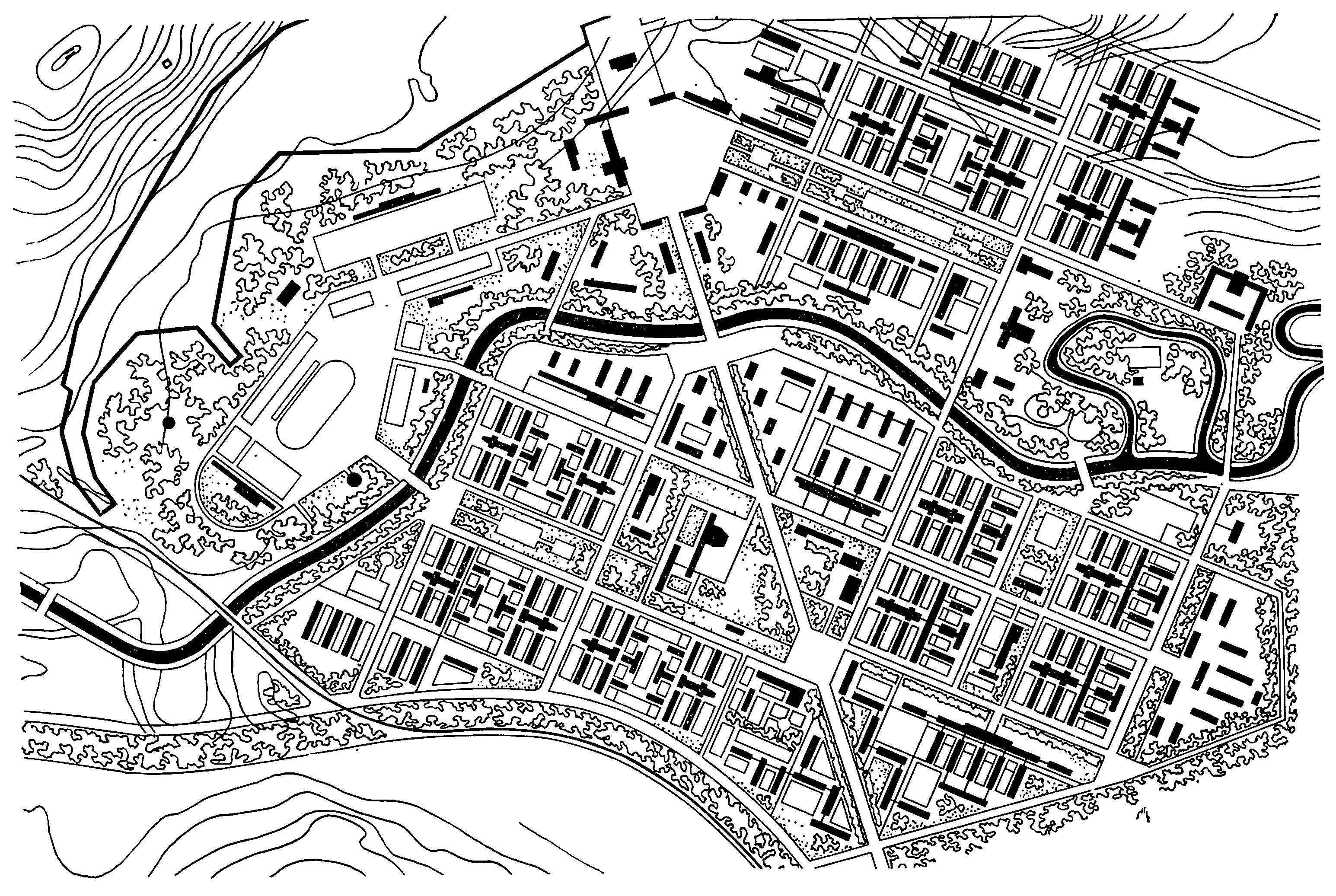 Кузнецк. Проект планировки города и жилкомбинат. 1930 г. Архитекторы А. и Л. Веснины. Внутренний двор. Интерьеры. Генплан