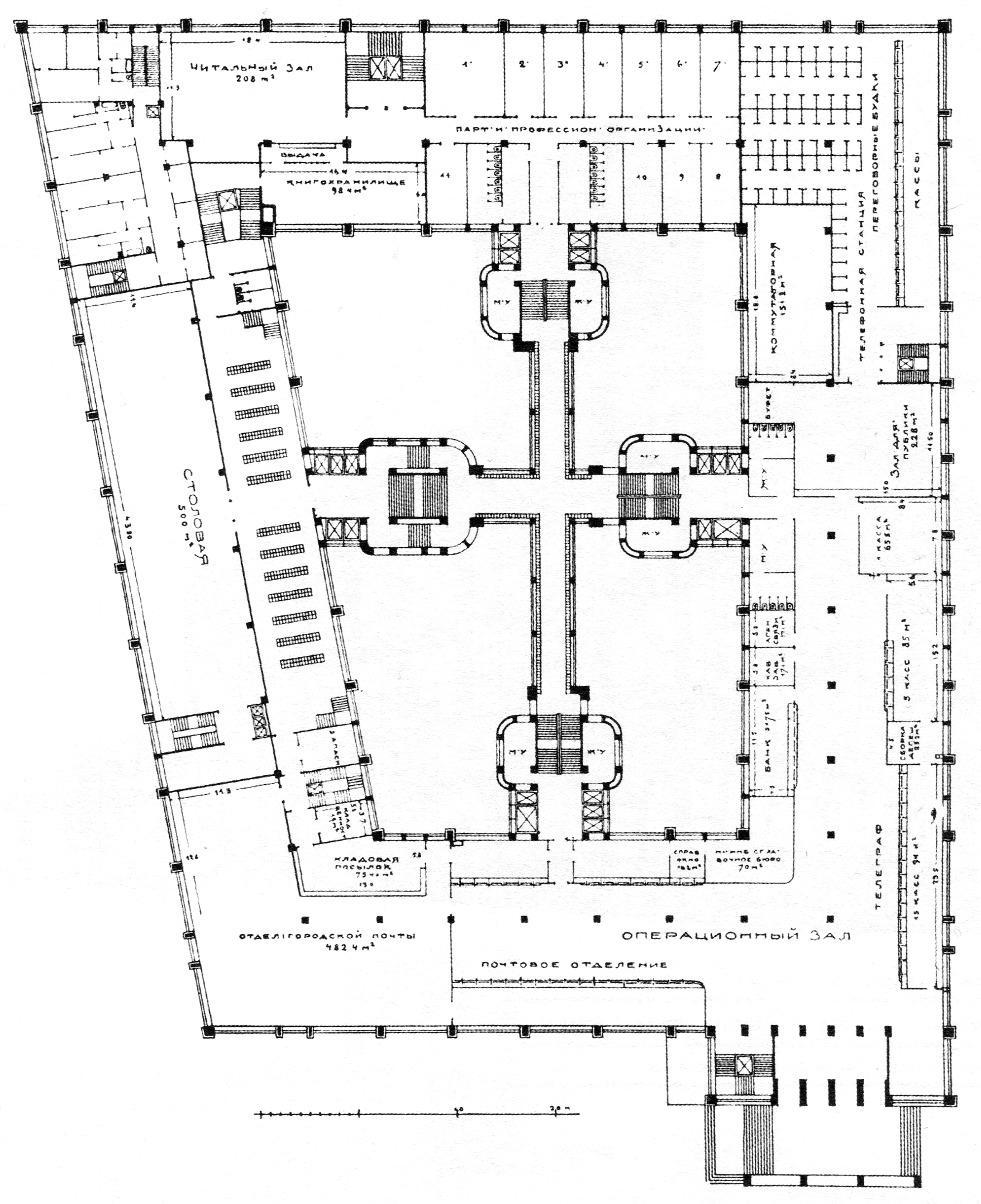 Л. и А. Веснины, Телеграф, план 1 этажа. L. und. A. Wesnin. Telegraph.