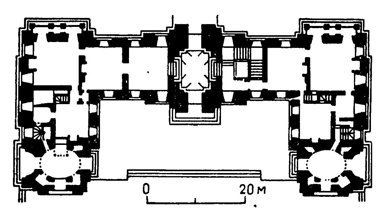 10. Замок Мезон (близ Парижа), 1642—1646 гг., Ф. Мансар План, общий вид, разрез, деталь фасада, интерьеры лестницы и зала 2-го этажа