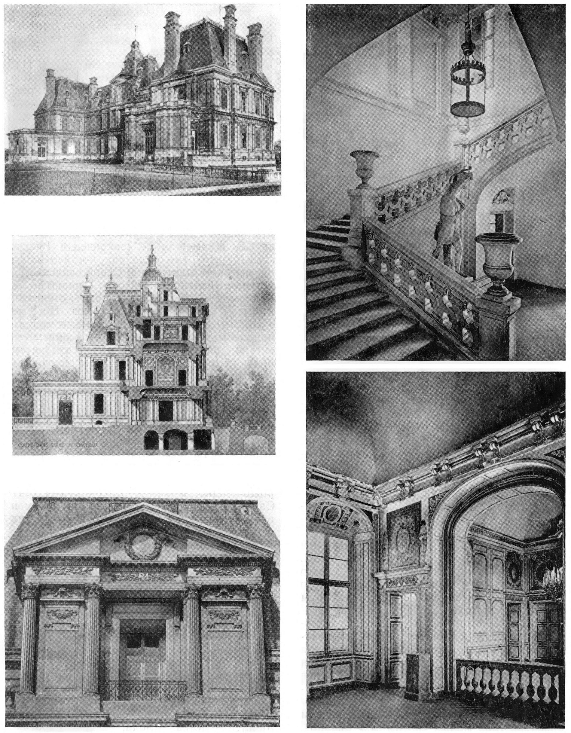 10. Замок Мезон (близ Парижа), 1642—1646 гг., Ф. Мансар План, общий вид, разрез, деталь фасада, интерьеры лестницы и зала 2-го этажа