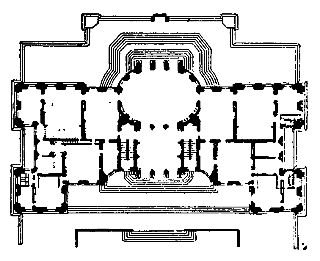 36. Замок Во-ле-Виконт, департамент Сена и Марна, 1661 г., Л. Лево, интерьер — Ш. Лебрен, парк — А. Ленотр 1 — общий вид дворца и парка; 2 — план дворца; 3 — фасад