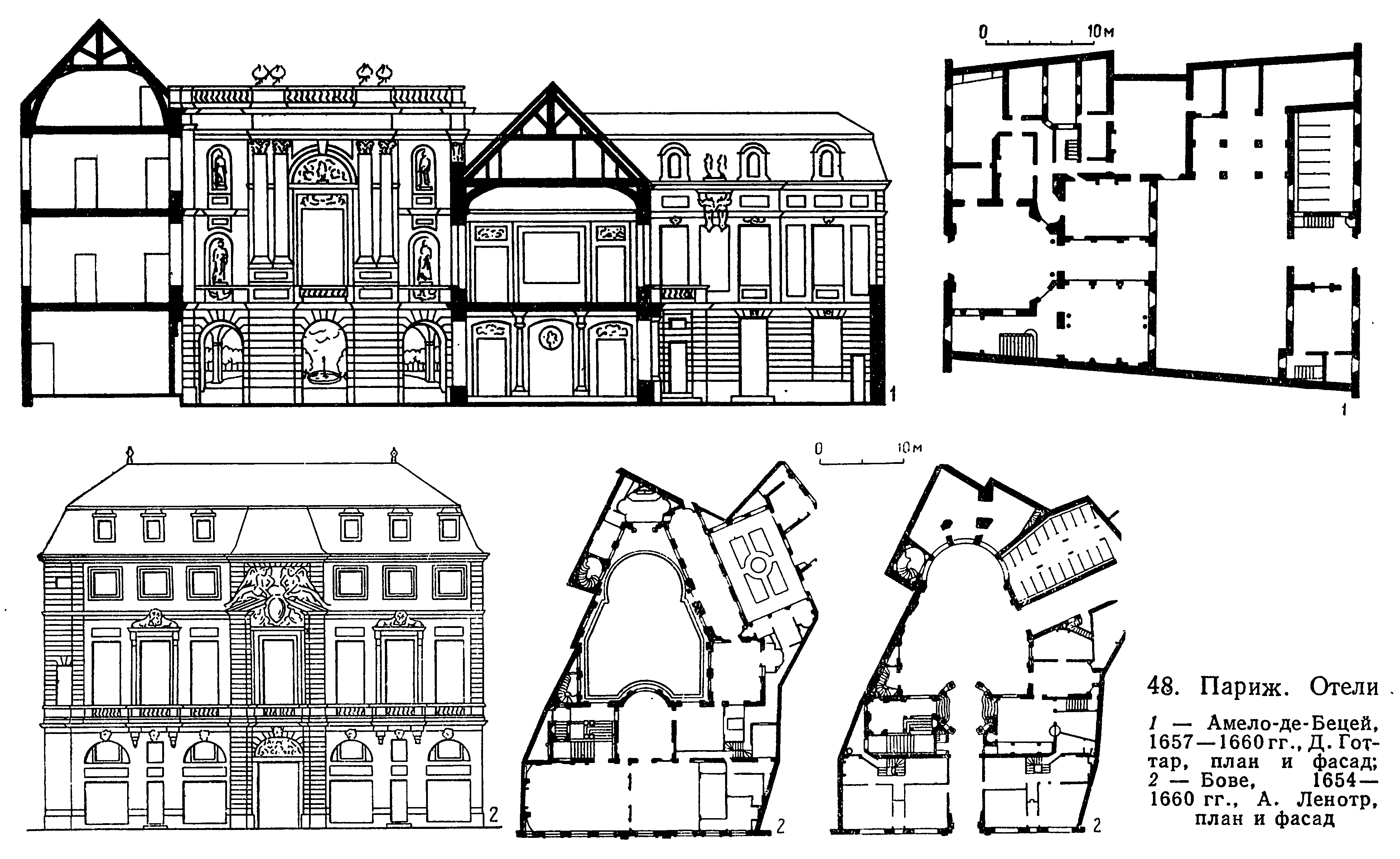 48. Париж. Отели 1 — Амело-де-Бецей, 1657—1660 гг., Д. Готтар, план и фасад; 2 — Бове, 1654—1660 гг., А. Ленотр, план и фасад