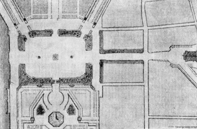 58. Париж. Площадь Согласия, 1755—1763 гг., Ж. А. Габриэль, статуя работы Бушардона. План, фасады дворцов на площади Согласия (Гард Мебль и Морское министерство), интерьер Гард Мебль