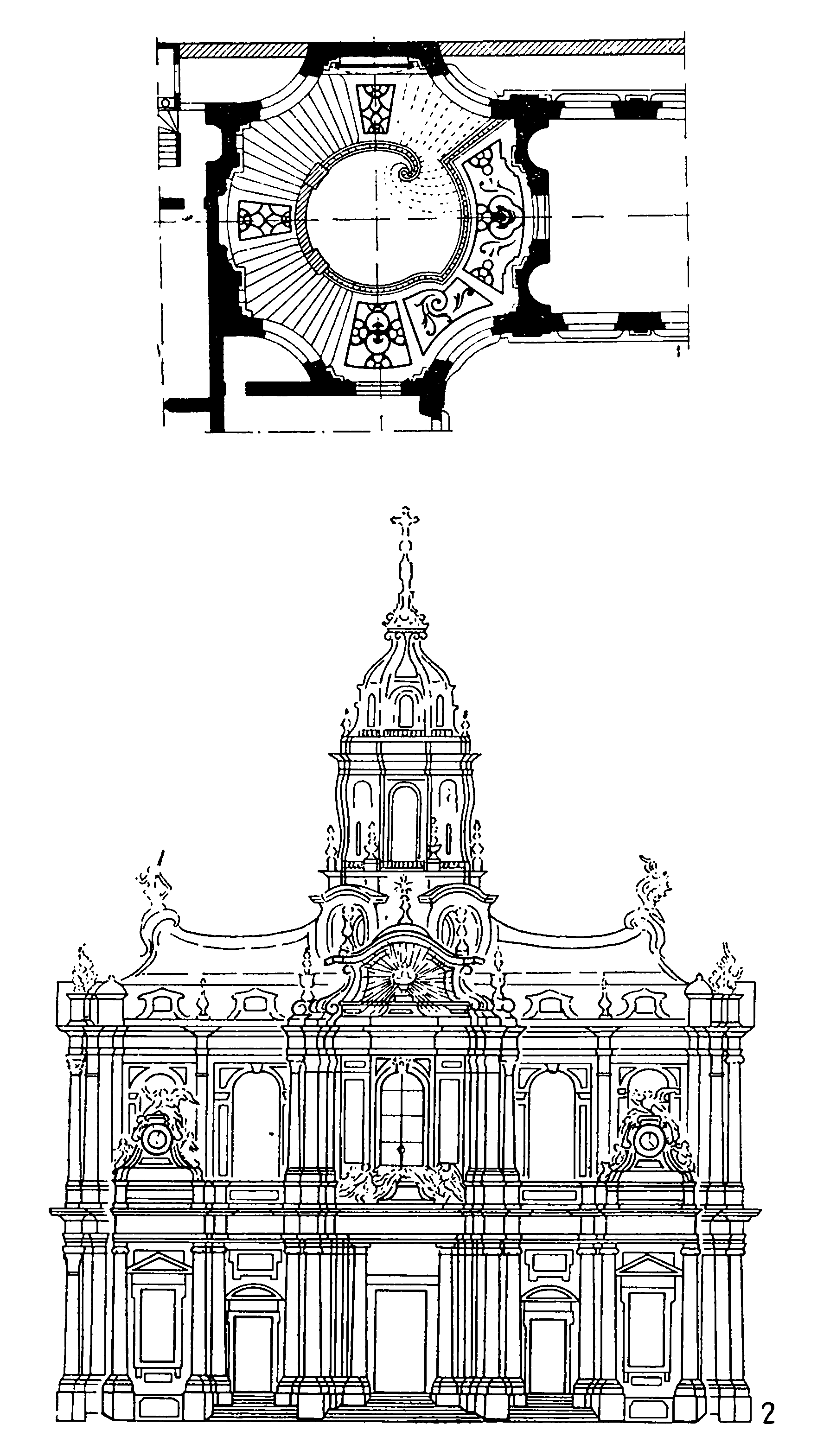 67. Париж 1 — отель Годьон, 1719—1729 гг., Ж. М. Оппенор, план; 2 — неосуществленный проект церкви Сен-Сюльпис, 1720 г., Ж. О. Мейсонье