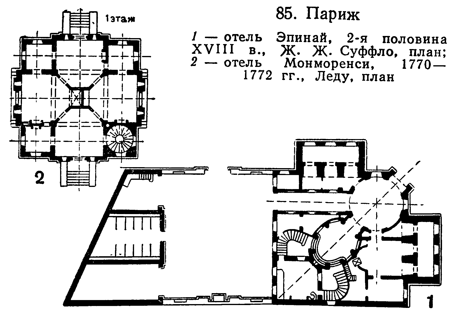 85. Париж 1 — отель Эпинай, 2-я половина XVIII в., Ж. Ж. Суффло, план; 2 — отель Монморенси, 1770—1772 гг., Леду, план