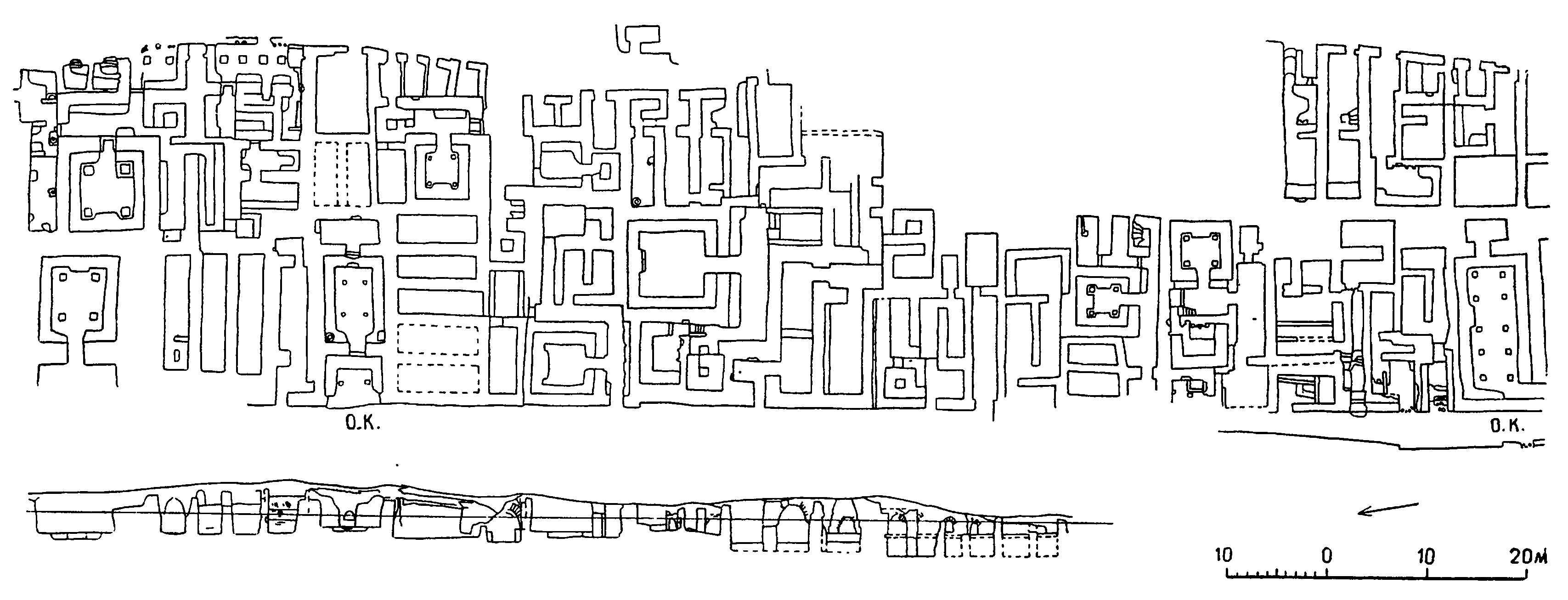 3. Древний Пенджикент. Жилой комплекс в восточной части шахристана. План, разрезы