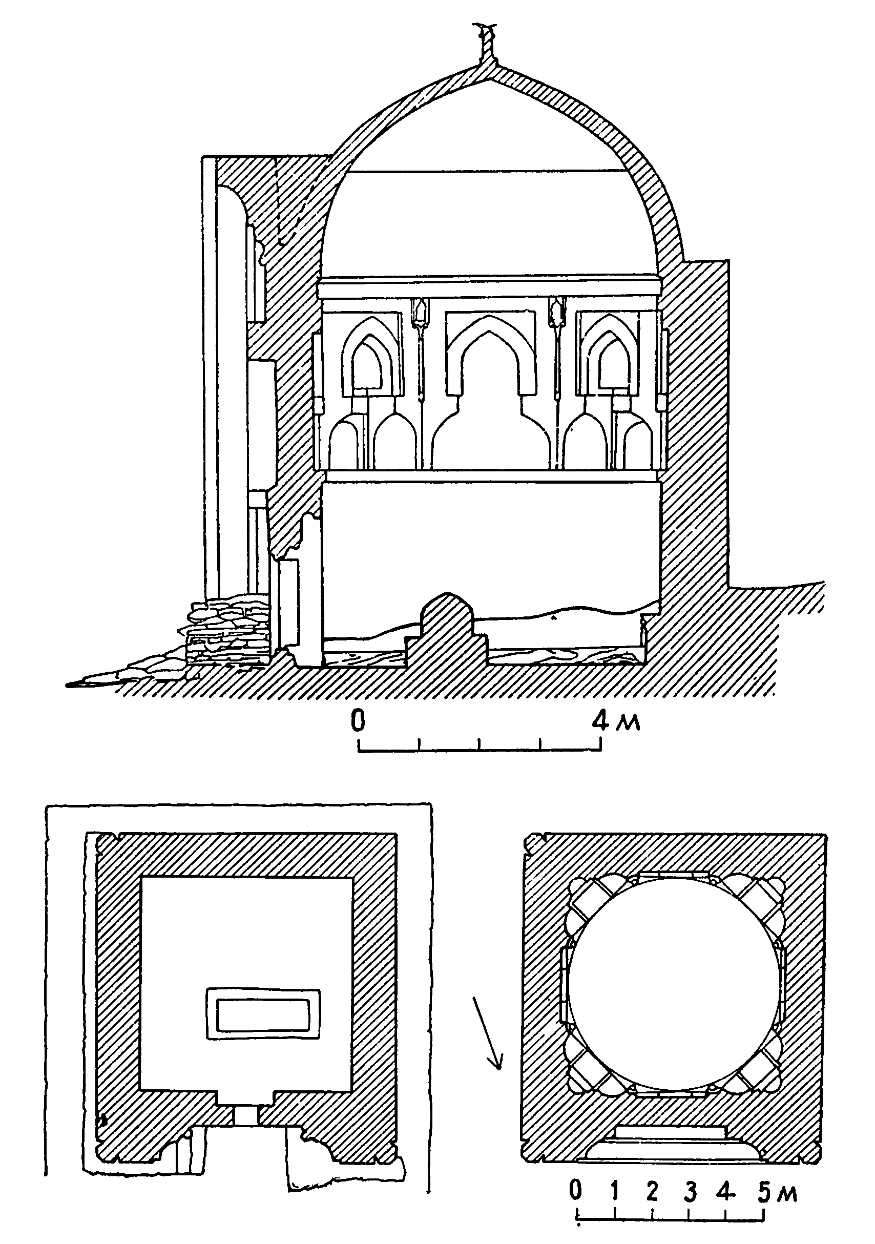 15. Селение Тим (Узбекистан). Мавзолей Араб-ата, 977—978 гг. Общий вид, разрез, планы