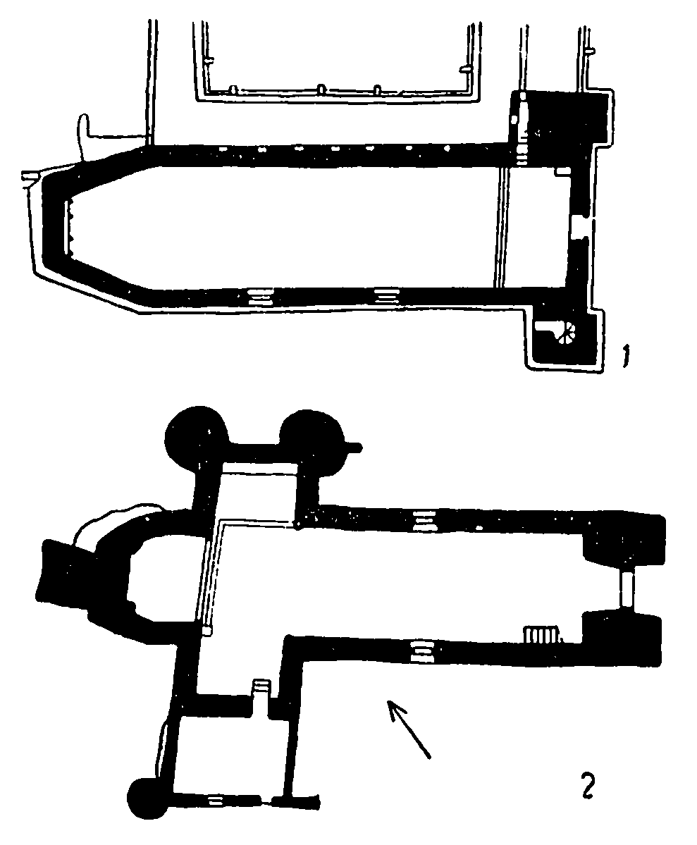 26. 1 — Акома, миссионерская церковь, после 1664 г., план и общий вид; 2 — Ранчо де Таос, миссионерская церковь, после 1779 г., план и общий вид со стороны главного фасада и аспиды