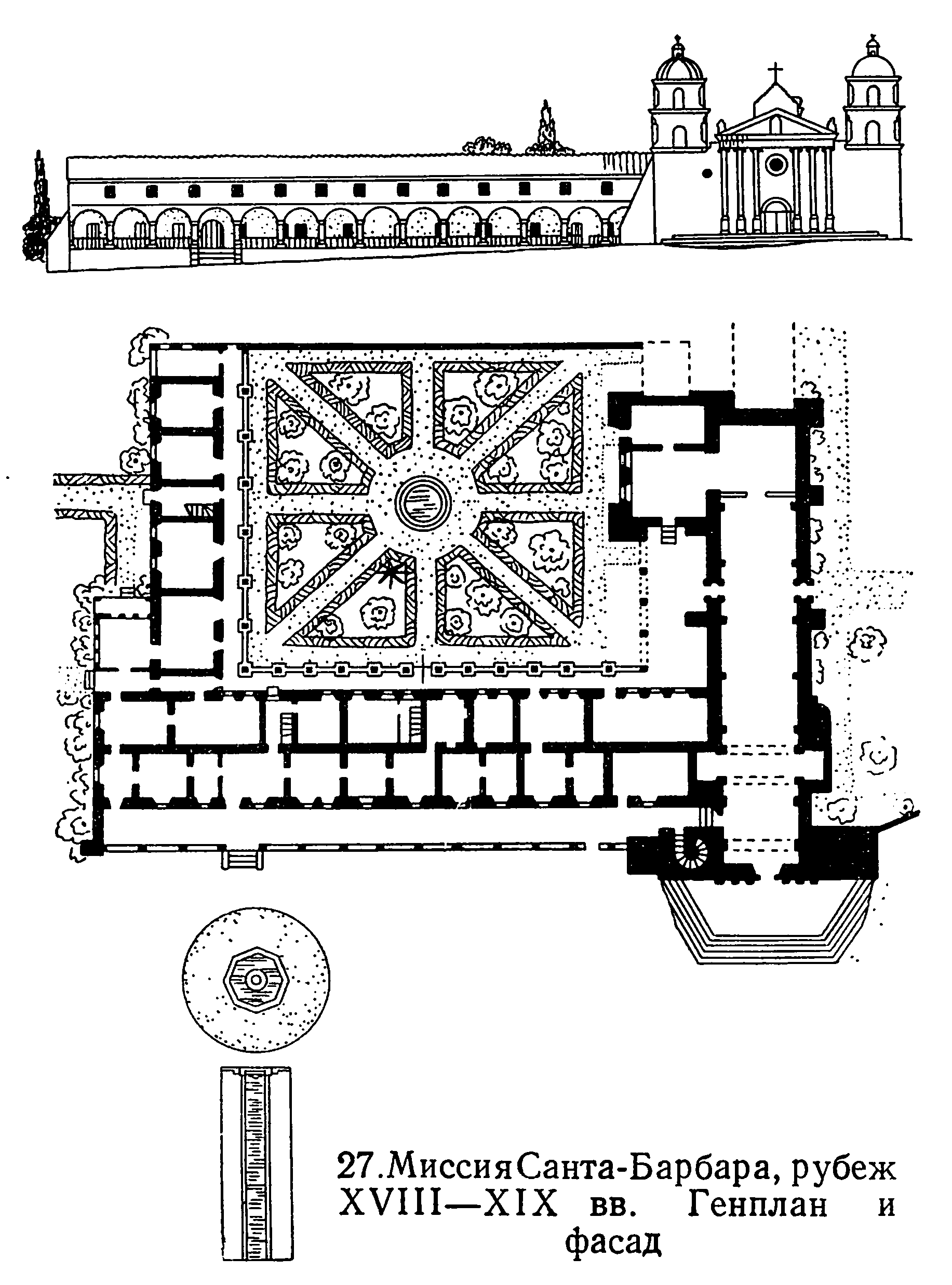 27. Миссия Санта-Барбара, рубеж XVIII—XIX вв. Генплан и фасад