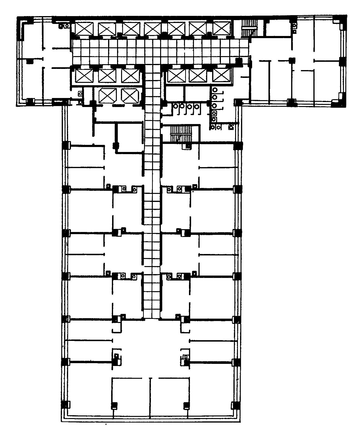 6. Филадельфия. Банковское здание, 1932 г. Архитекторы Г. Хоу, У. Лескейз. Общий вид, план
