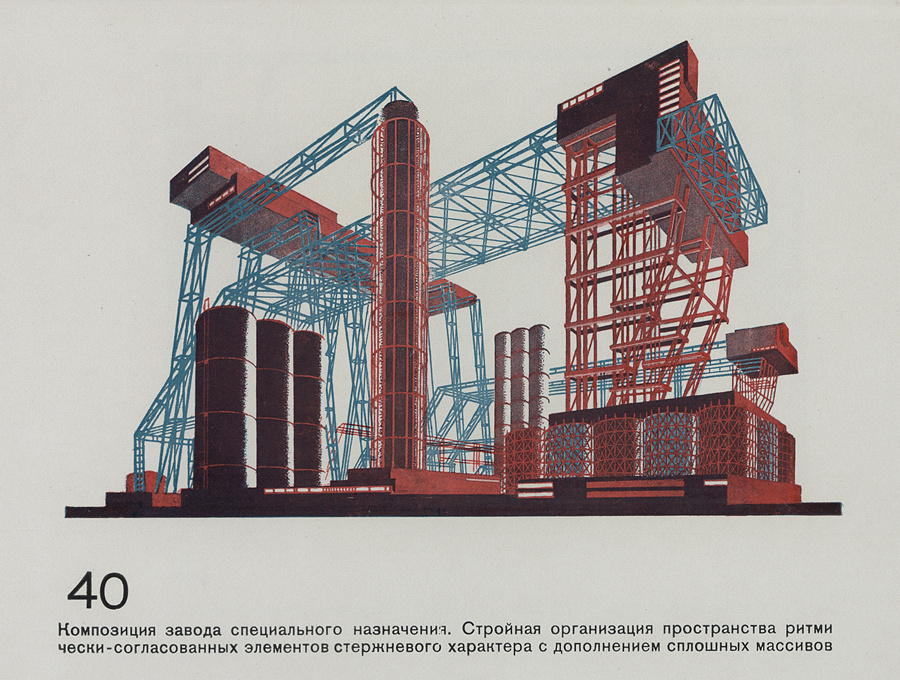 40. Композиция завода специального назначения. Стройная организация пространства ритмически-согласованных элементов стержневого характера с дополнением сплошных массивов.