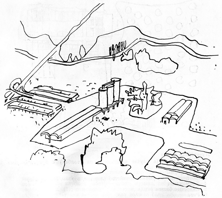 Склад сельскохозяйственной продукции (зерновых, овощей, корнеплодов и фруктов). Производственные и ремонтные мастерские общественной техники. Общий объем, в котором они размещены. Снабженческий кооператив. Слева большая транспортная артерия. Производственные настройки возводятся из элементов серийного производства. Стройный и четкий комплекс расположен среди природы.