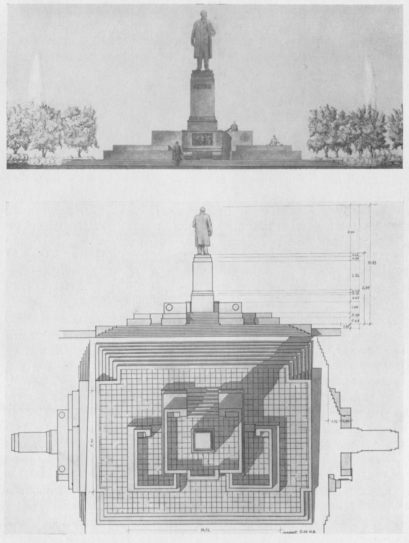 Передний фасад, планы, разрез, задний и боковой фасады памятника В. И. Ленину. Доработанный проект, 1953 г.
