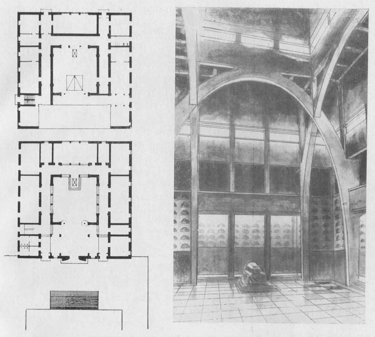 Проект крематория для Ленинграда. 1930 г. Перспектива внутреннего зала и планы