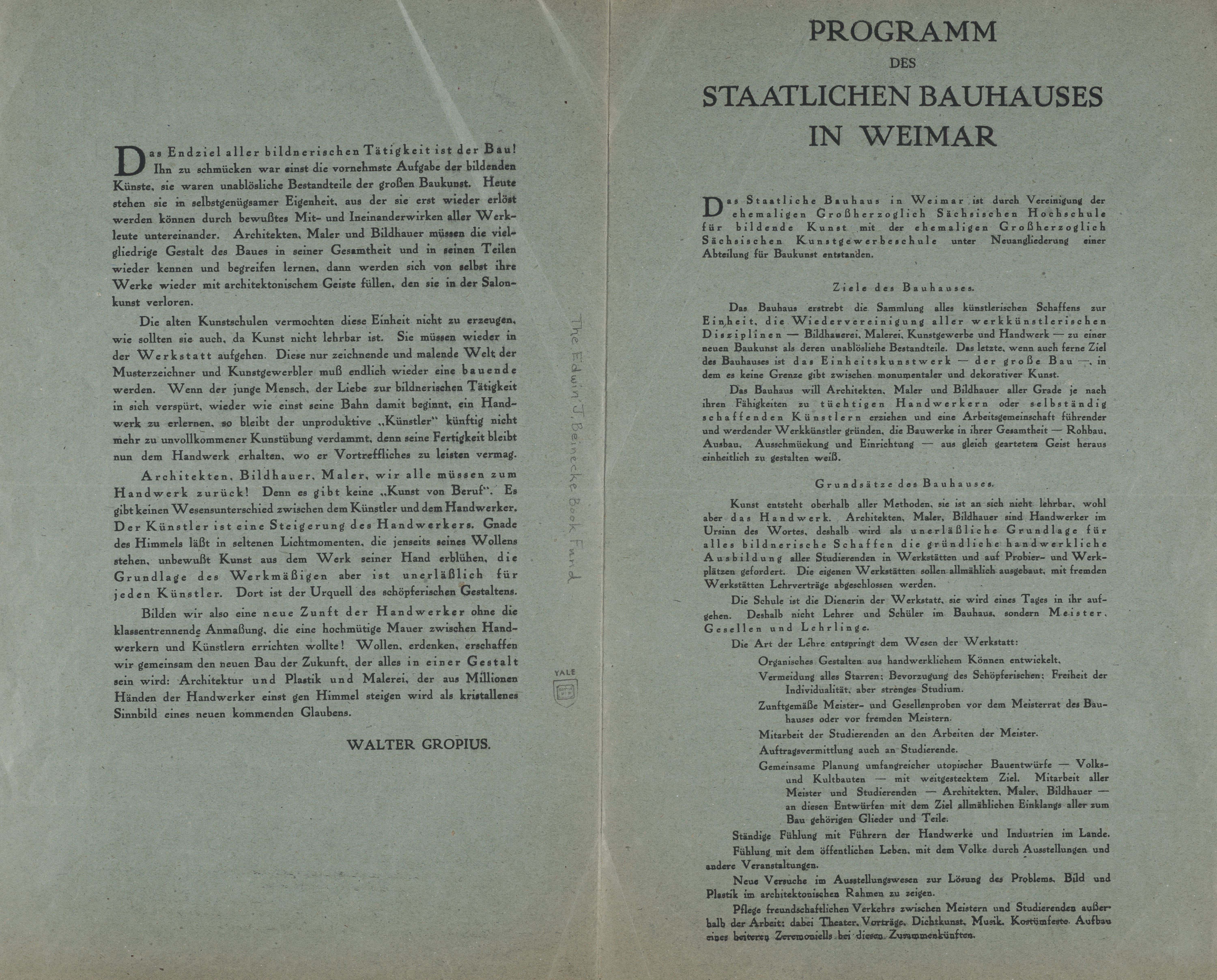 Programm des Staatlichen Bauhauses in Weimar / Walter Gropius. — 1919