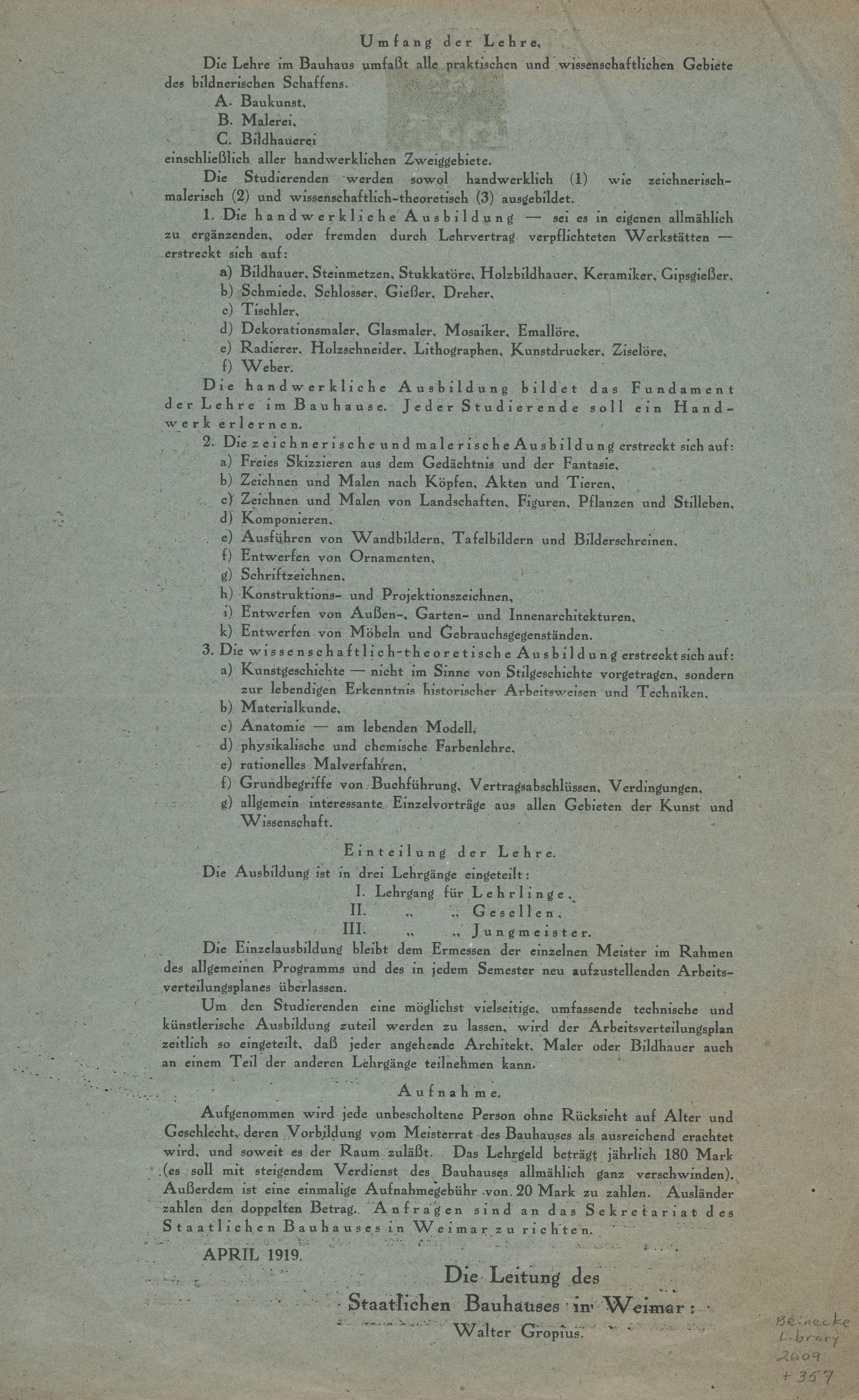 Programm des Staatlichen Bauhauses in Weimar / Walter Gropius. — 1919