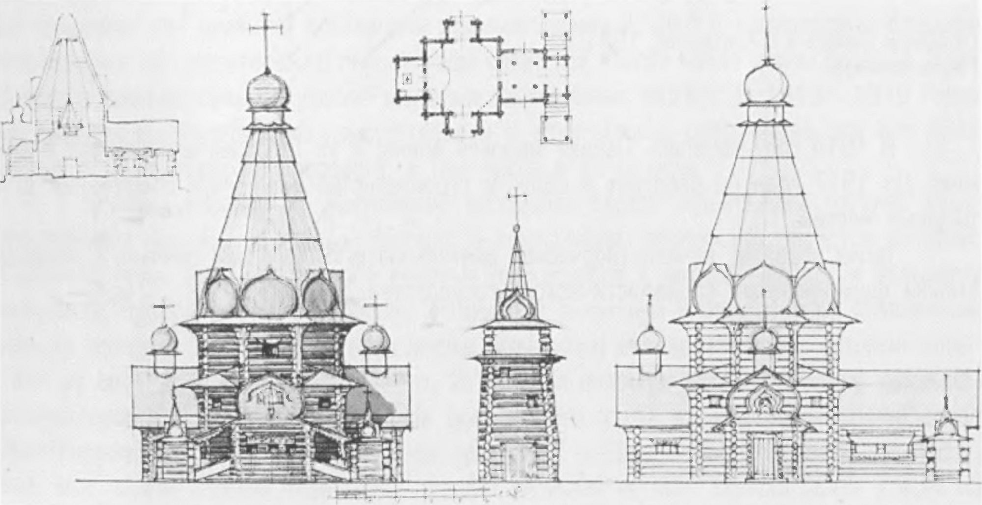 Голосов. Деревянная церковь. Проект, 1916 г. Фасады, план, разрез