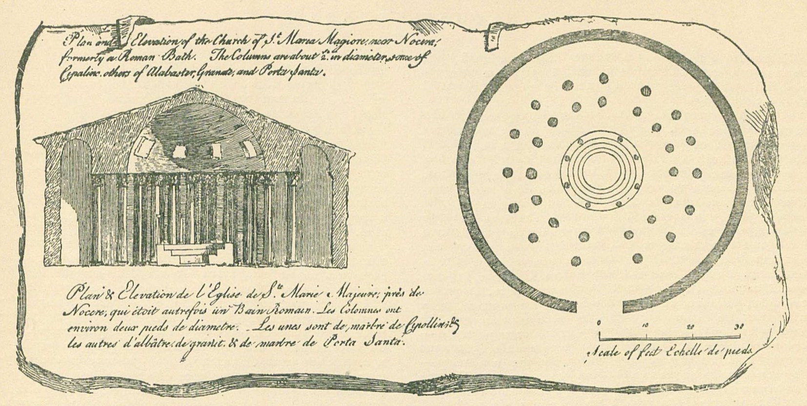 План и разрез церкви Санта Мариа Маджоре близ Ночеры, бывшей ранее римской баней