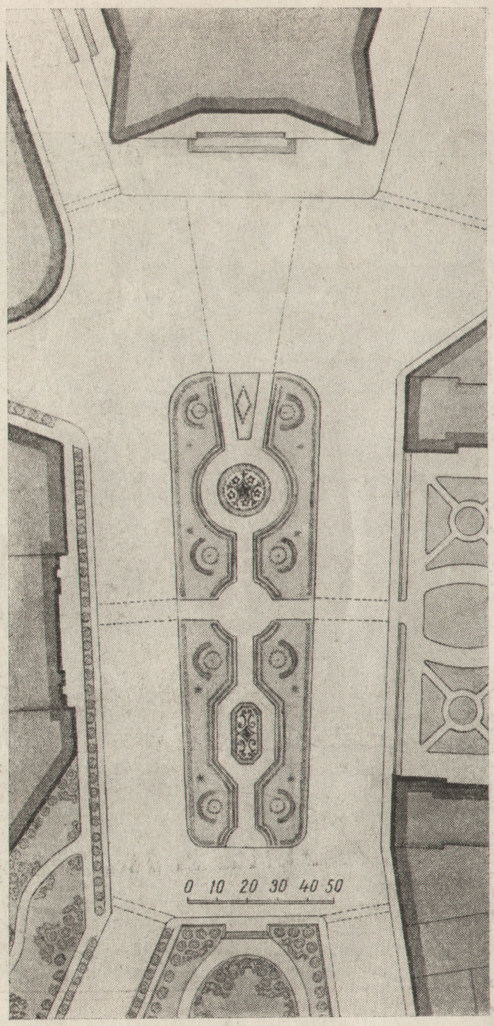 Рис. 9. Сквер перед зданием театра ЦДКА на площади Коммуны в Москве. План. Архитекторы К. С. Алабян и В. Н. Симбирцев.