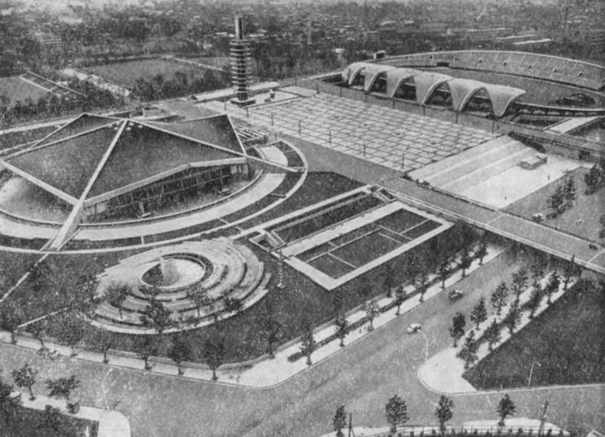 Для проведения Олимпийских игр 1964 года Токио создал спортивный комплекс невиданной красоты. Общий вид Олимпийского стадиона в Токио.