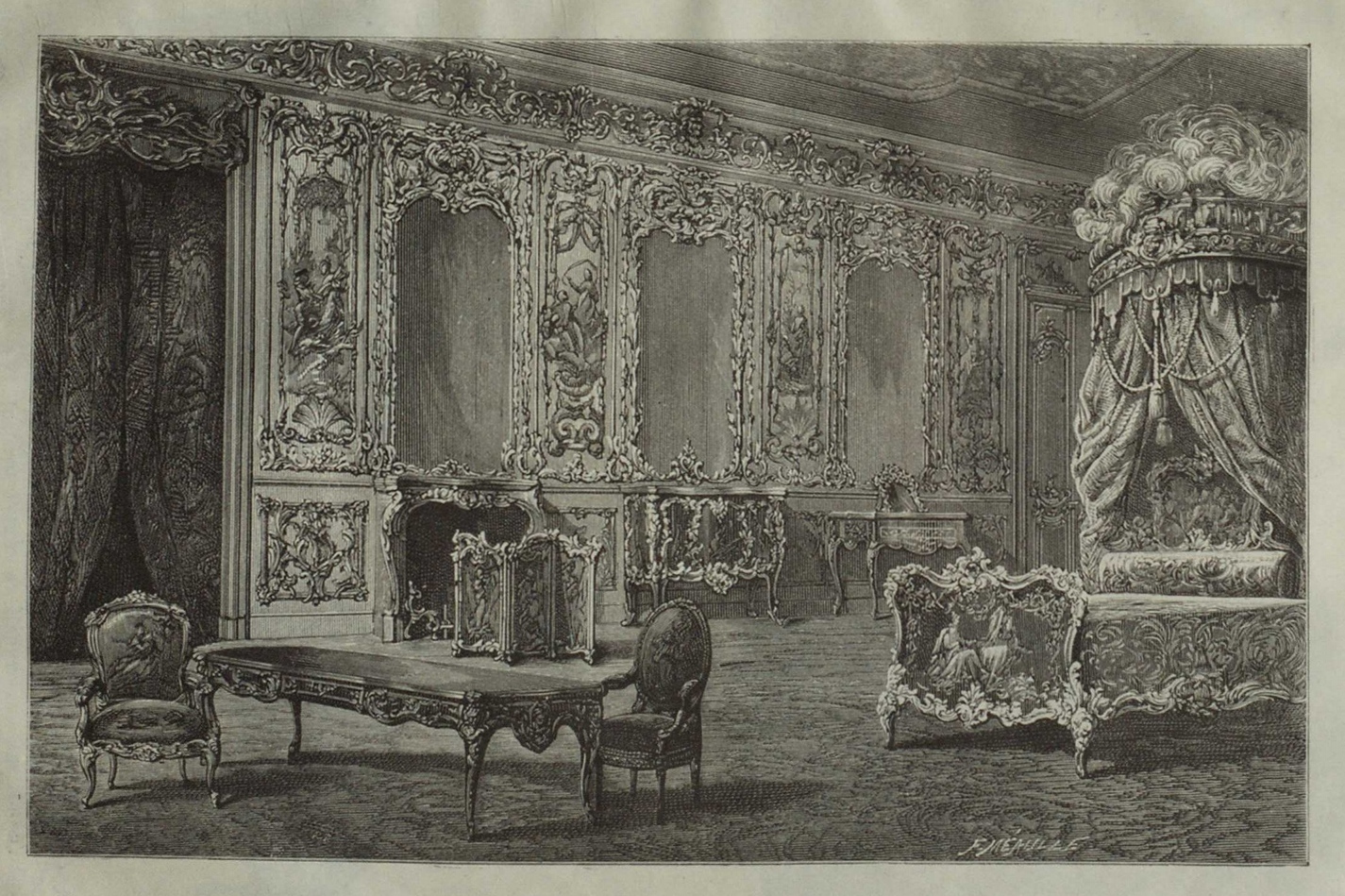 Рис. 136-й. Спальня в стиле помпадур (Людовика XV); но одно из кресел (с спинкою в форме овального медальона) принадлежит к стилю Людовика XVI. Работы А. Липпмана в Париже (рисована — специально для альбома).