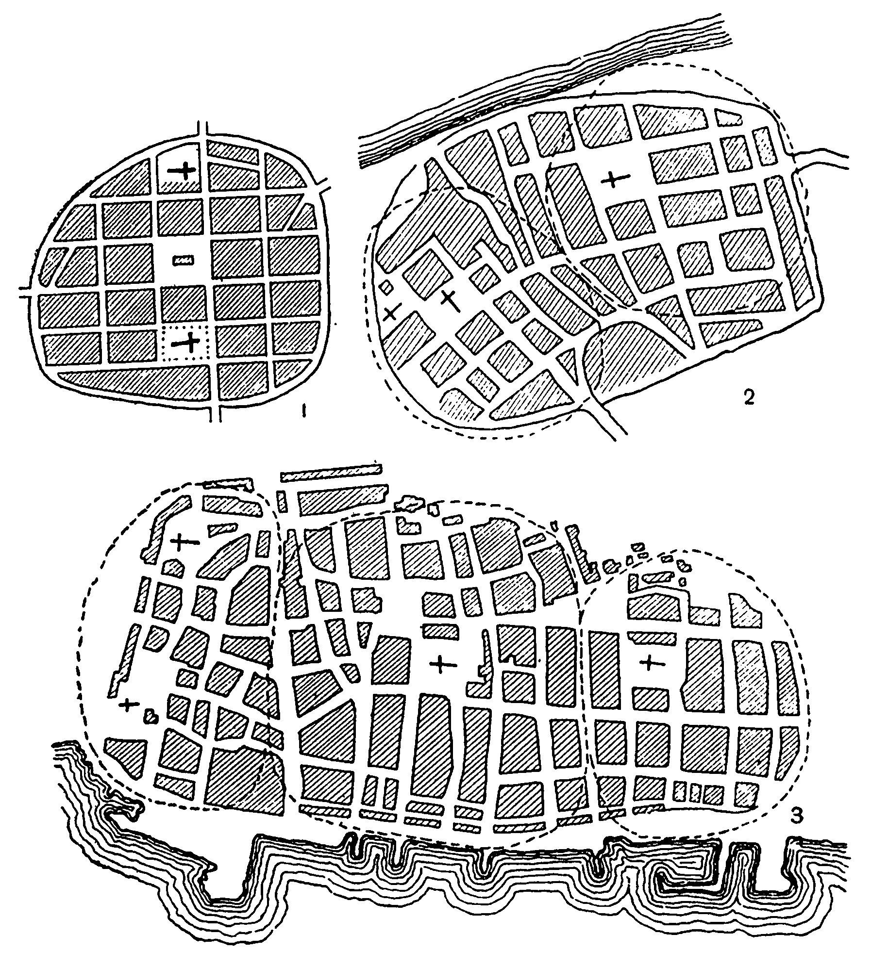 6. Планы городов на востоке 1 — Торн; 2 — Росток; 3 — Нейбранденбург