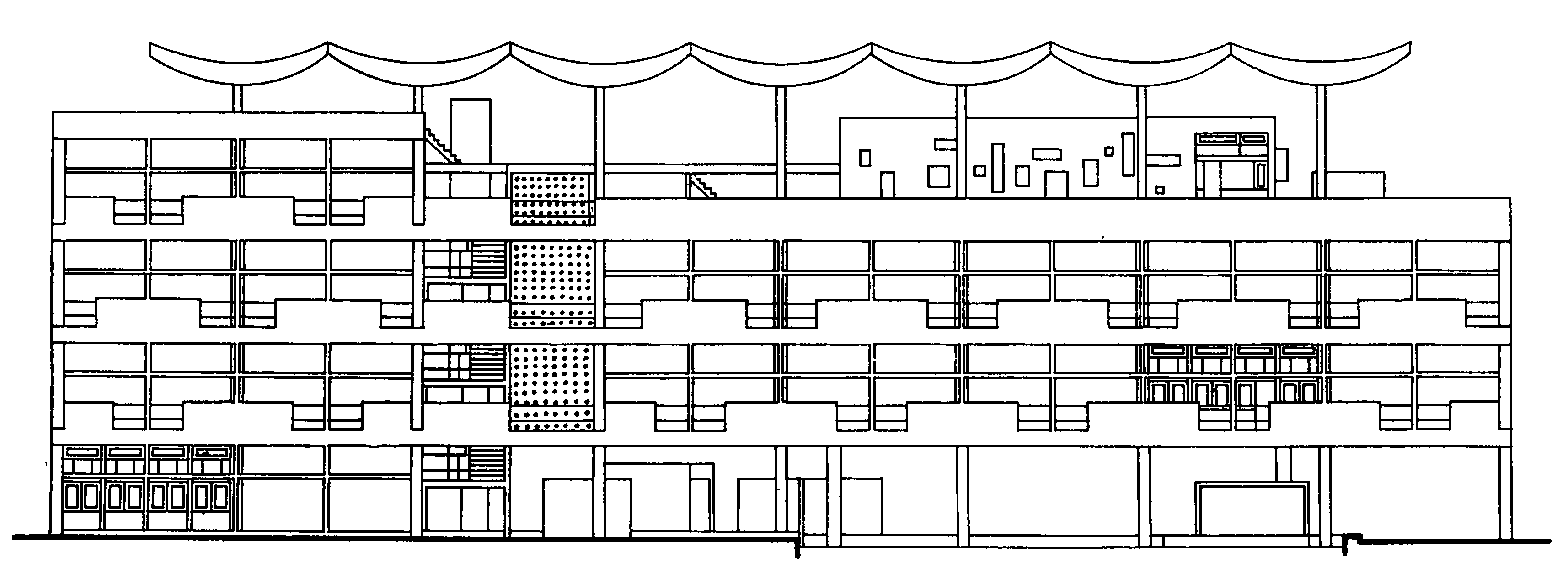 9. Карачи. Комплекс здания университета, 1964 г. Архитекторы М. Экошар, П. Рибуле и Ж. Тюрнауэр. План комплекса, фасад учебного здания