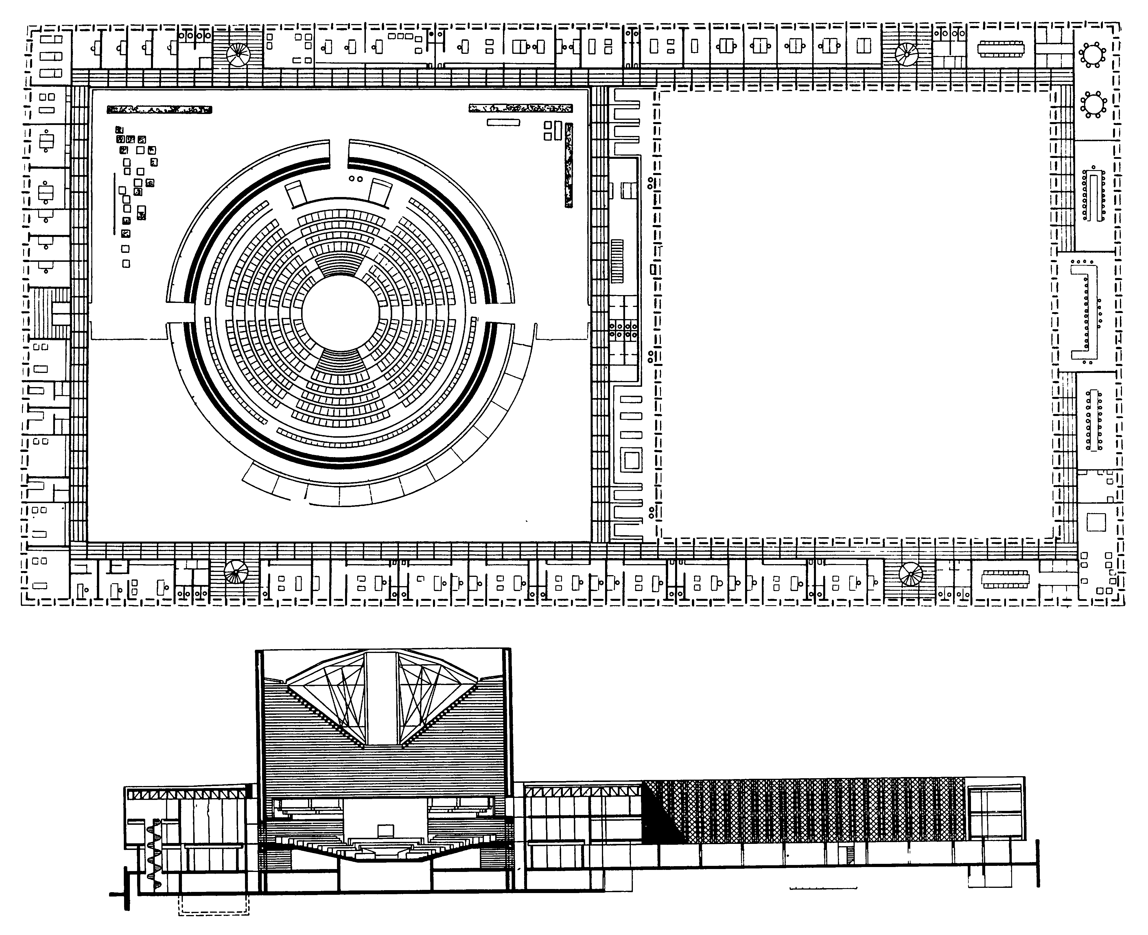 12. Исламабад. Проект здания Парламента, 1961 г. Арх. А. Якобсен. План, разрез