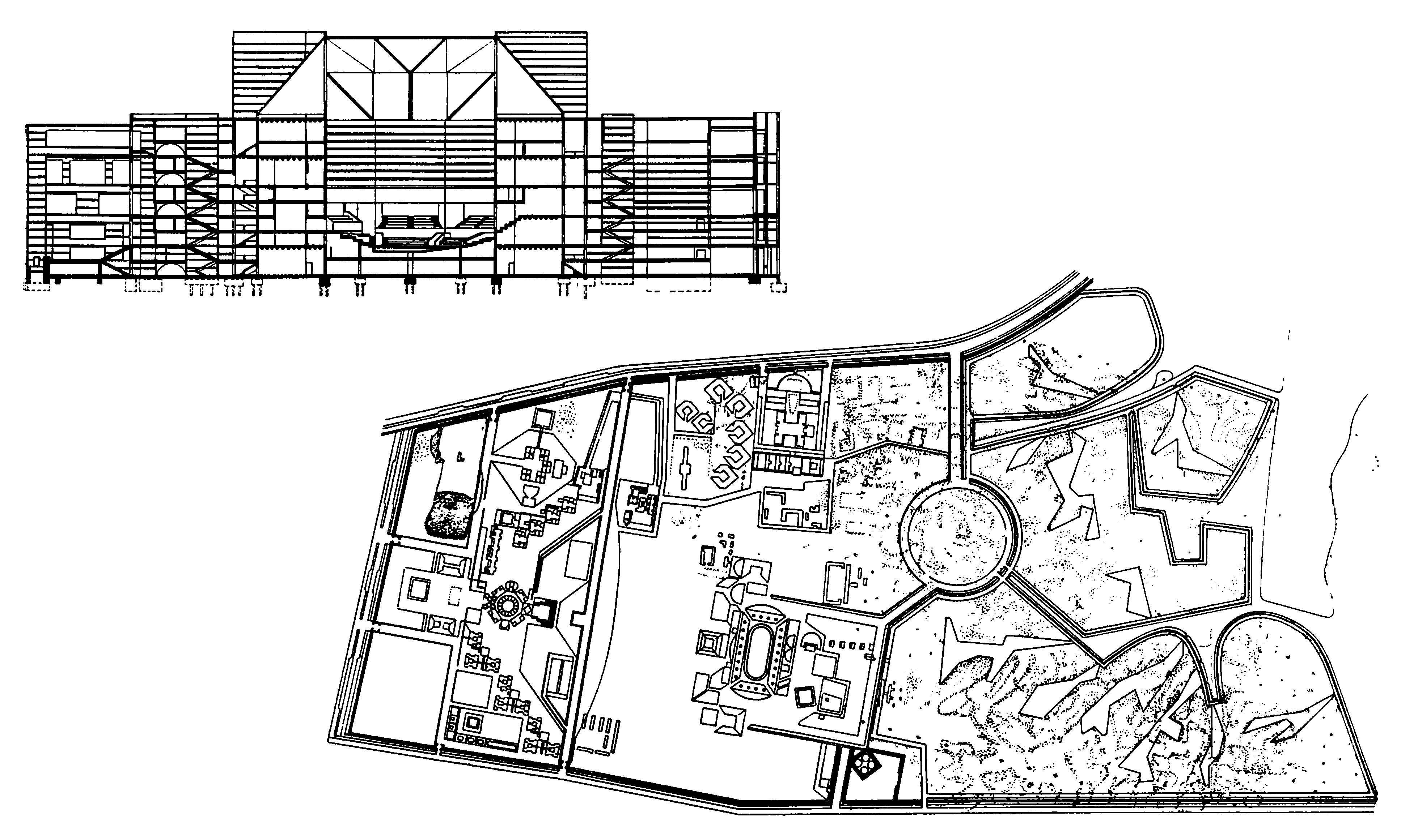 6. Дакка. Проект нового административного центра, 1964 г. Арх. Л. Кан. План комплекса, план, разрез, аксонометрия здания Национальной Ассамблеи