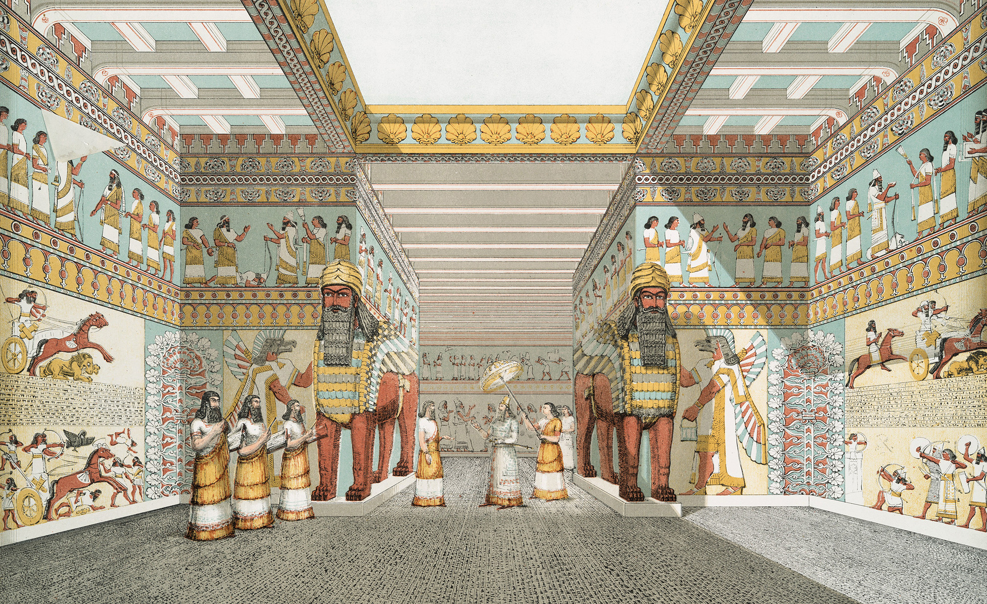 Изображение зала в ассирийском дворце из книги «Памятники Ниневии» сэра Остина Генри Лейарда, 1853