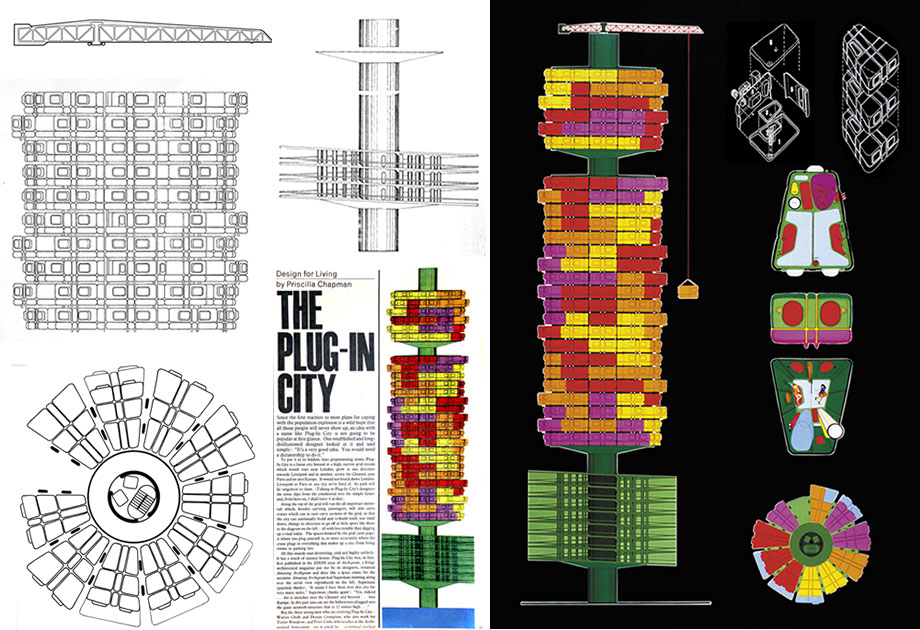 Capsule Homes, Tower and Capsule Elevations, plans and details. Warren Chalk. 1964