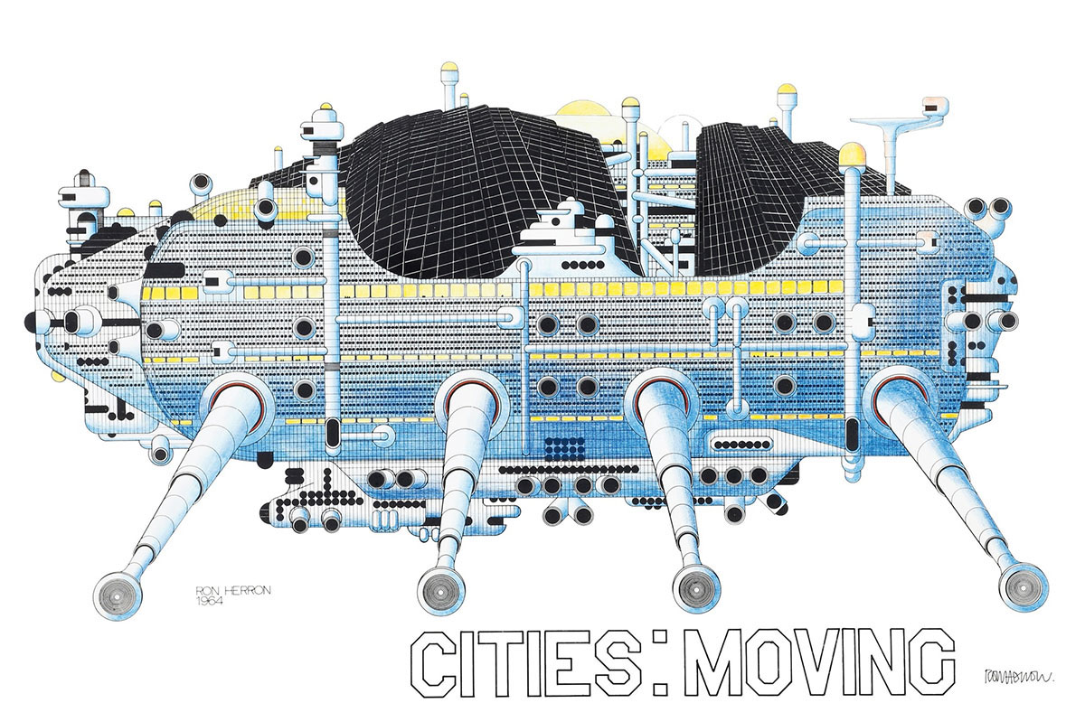 Cities: Moving, Master Vehicle-Habitation Project, Aerial Perspective. Ron Herron. 1964