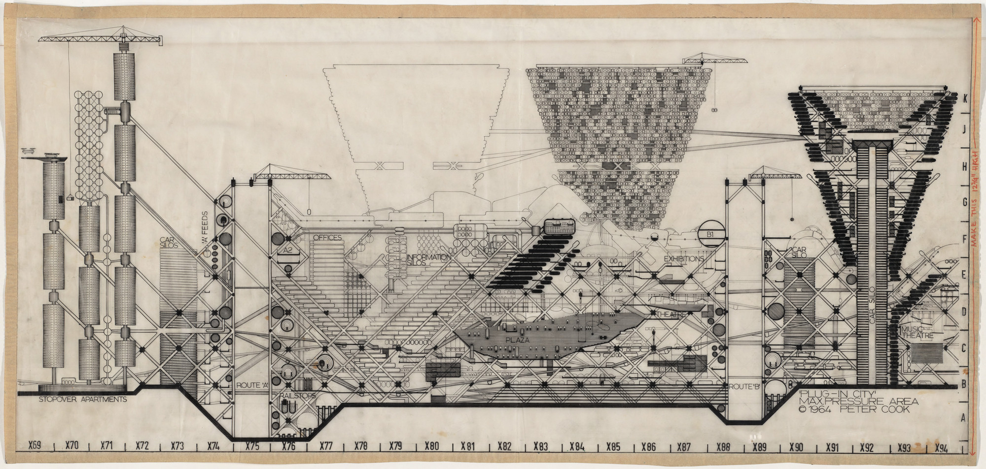 Plug-In_City, Maximum Pressure Area, Long Section. Peter Cook. 1964