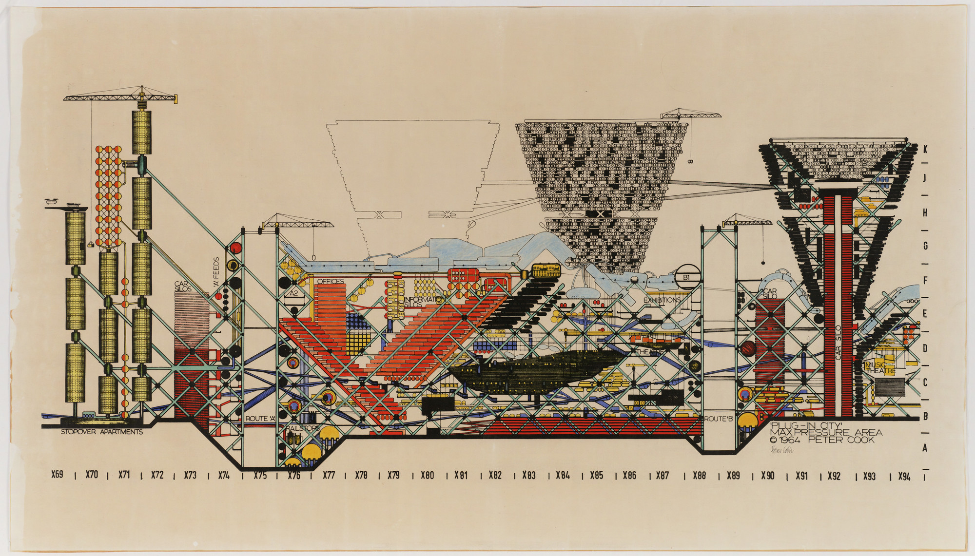 Plug-In_City, Maximum Pressure Area, Long Section. Peter Cook. 1964