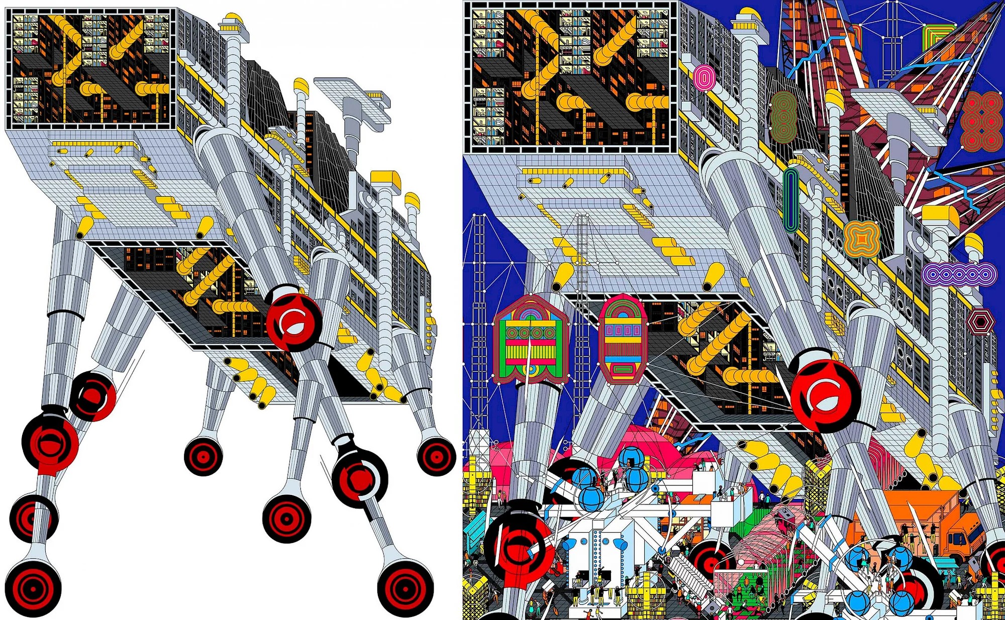 Left: Archigram’s Walking City depicted in Walking by Drawing Architecture Studio Right: Detail of Walking by Drawing Architecture Studio