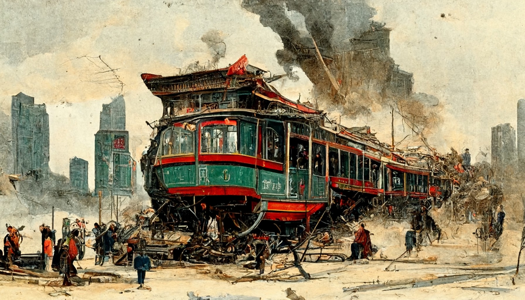 Midjourney. Prompt: Luddites destroy streetcar in Shanghai, second half of the 19th century, illustration, trending on art station  --ar 16:9