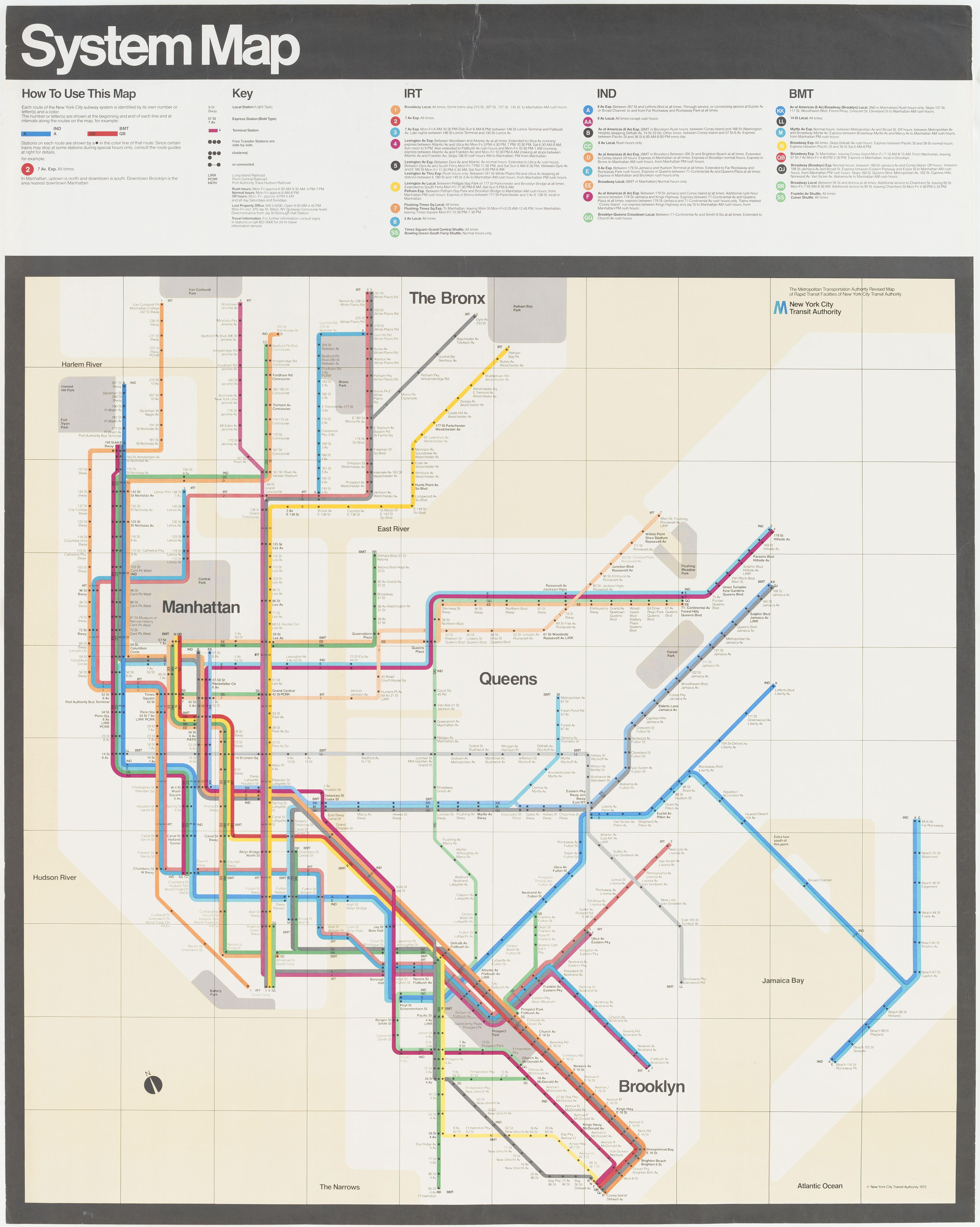 Massimo Vignelli, Joan Charysyn, Bob Noorda, Unimark International Corporation, New York. New York Subway Map. 1970–1972