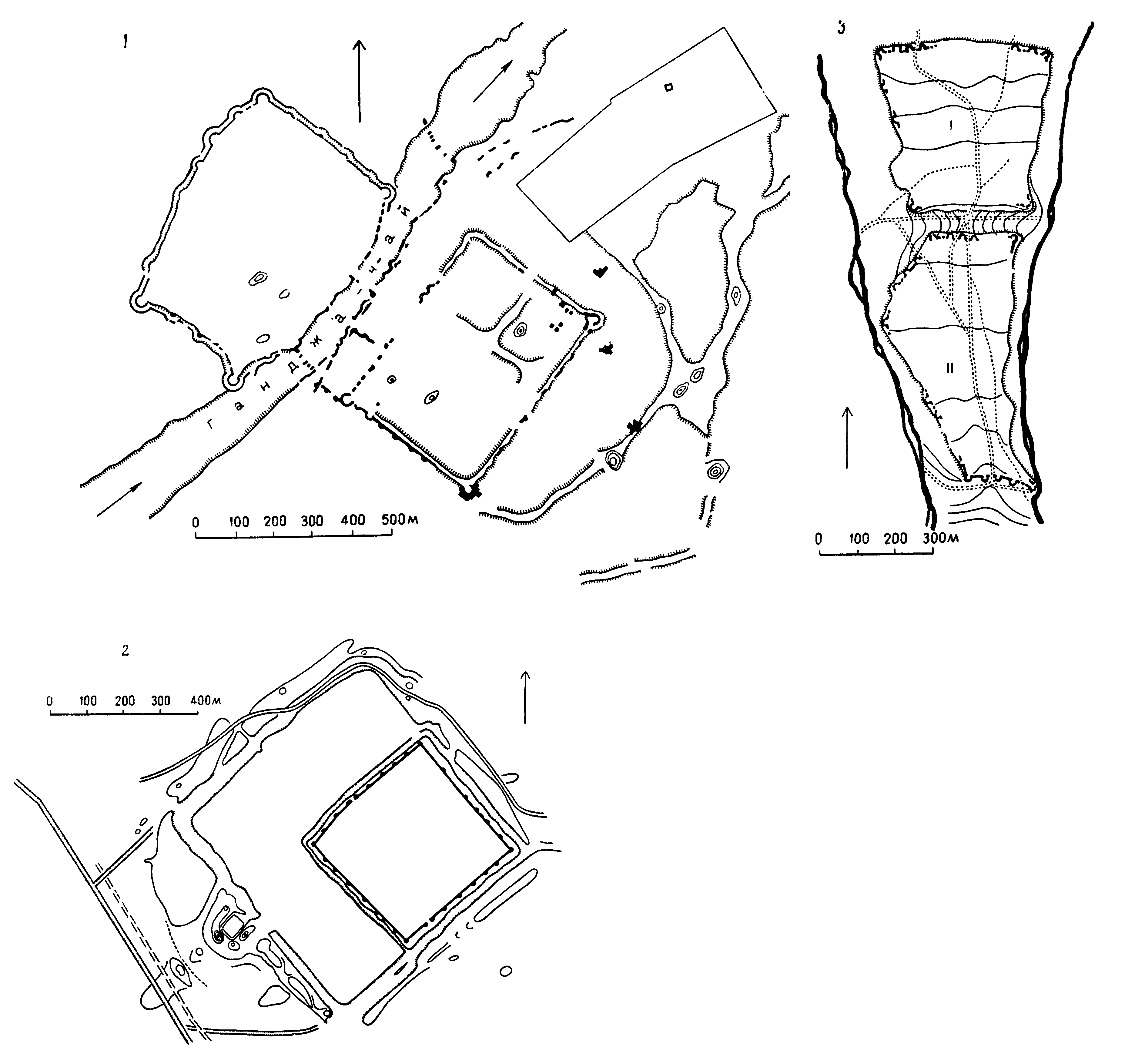 2. Планы средневековых городищ 1 — Старой Ганджи; 2 — Орен-кала (Байлакан); 3 — Кабалы; I — Сельбир; II — Гяур-кала