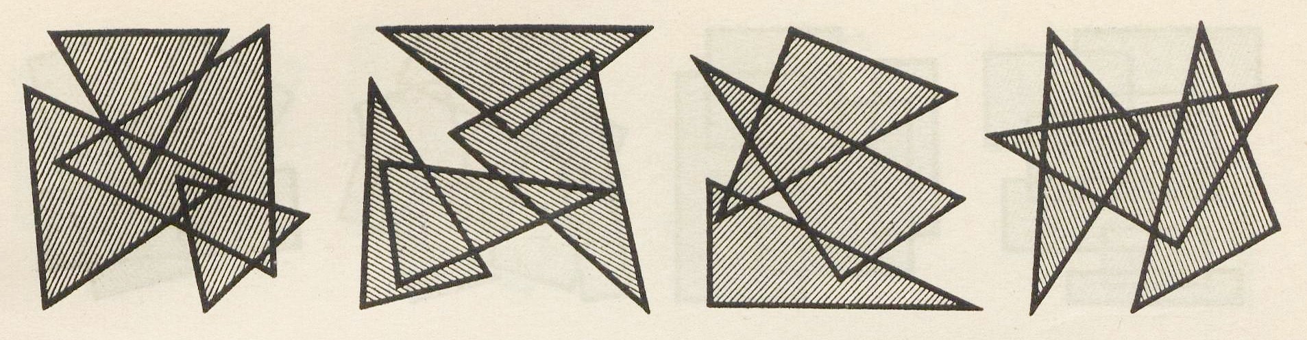 6, 7, 8, 9 Плоскостные композиции сочетания треугольников: а) разносторонних, b) прямоугольных, с) равнобедренных и d) равносторонних